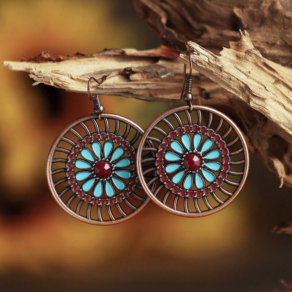 GlitzBlitz Boutique Jewelry - Any 2/$20! Boho Copper Red/Turquoise Circular Drop Earrings